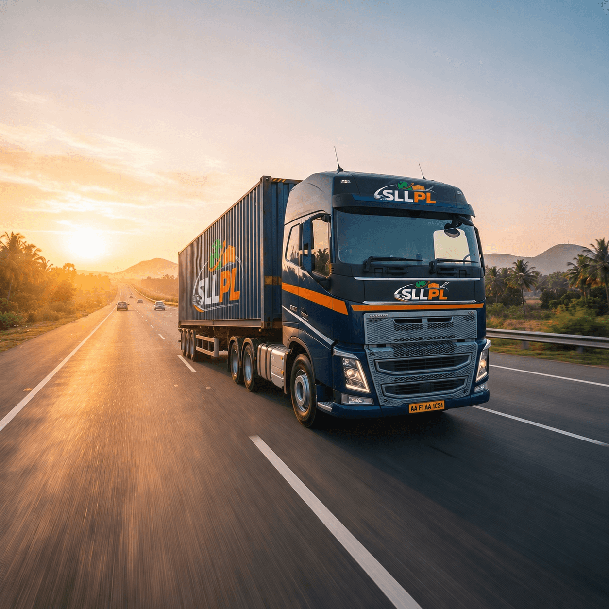 SLLPL container truck on a South Indian expressway at sunrise