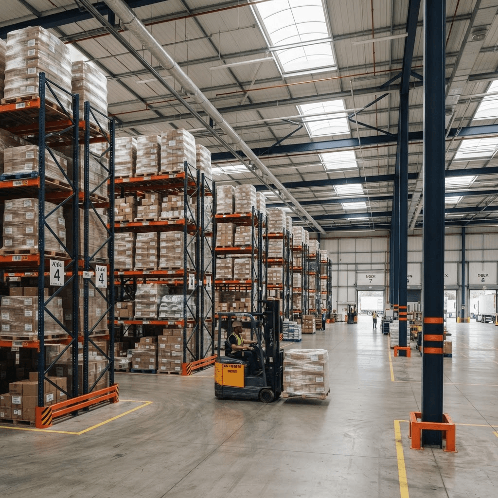 Cargo staged inside a warehouse before dispatch